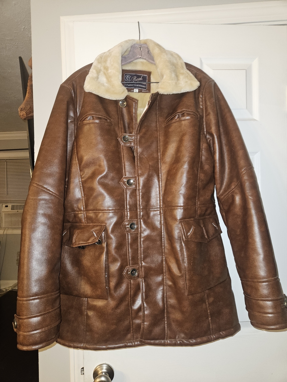Classic Brown Leather Jacket with Cream Shearling Collar